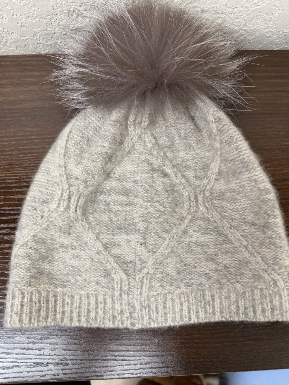 AMICALE Cashmere Beanie Fur Pom Grey Diamond Stitch Sequin OS As Is
